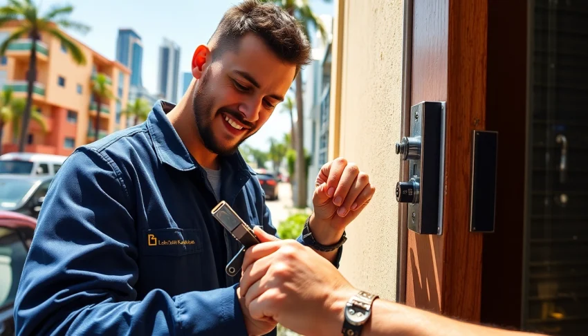 Locksmith Miami professional working on a residential lock in Miami's vibrant neighborhood.