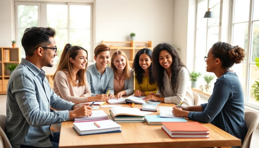 Stimulating environment for english tutoring classes with students collaborating and engaging actively.