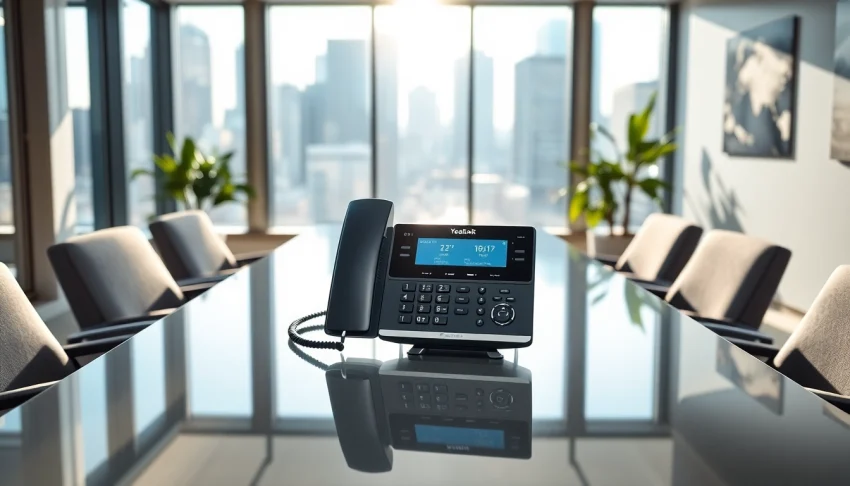 Engaging Yealink conference phone in a modern office setting, enhancing virtual collaboration.