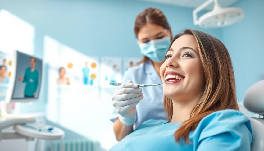 Hygiene demonstration by a professional dental hygienist in a bright clinic.