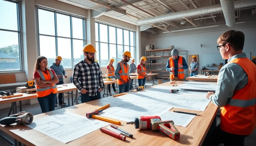 Engaged students training in construction trade schools in texas using tools and blueprints.