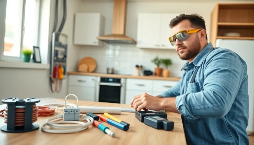 Electrician installing an electrical service panel in a modern home workspace.