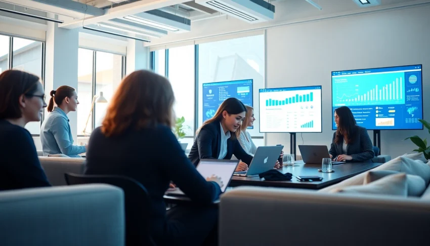 Engaged team working on an AI content marketing platform in a modern office.