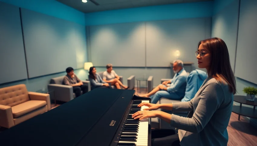 Musiktherapie session with a musician playing the piano in a therapeutic setting for healing.