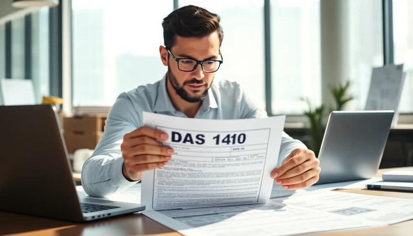 Contractor filling out the DAS 140 form in a bright office environment, ensuring compliance.