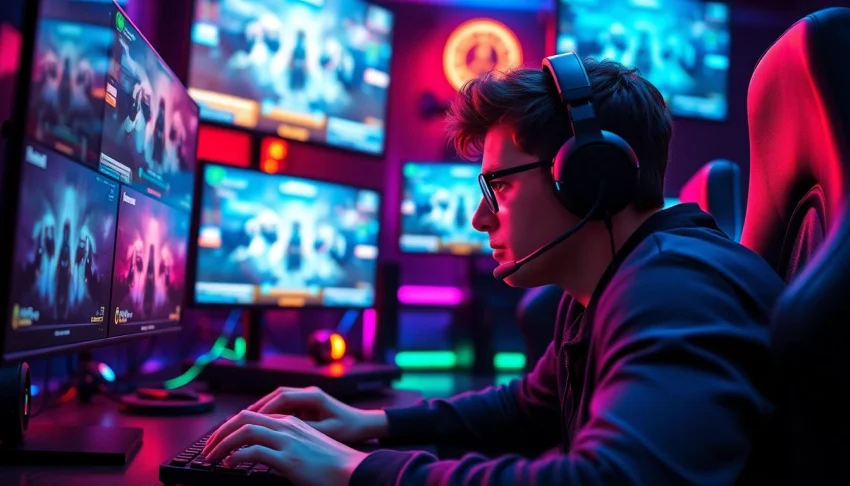 Permainan online yang seru dengan gamer fokus menggunakan peralatan modern.