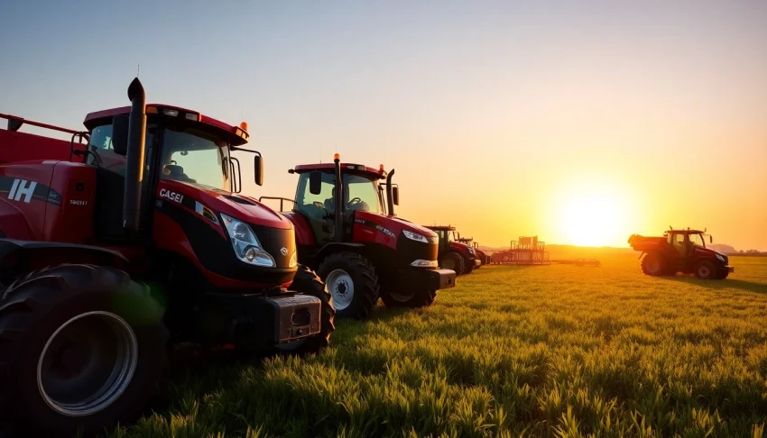 Case-ih Traktoren und Landmaschinen in einem lebendigen Feld bei Sonnenaufgang.