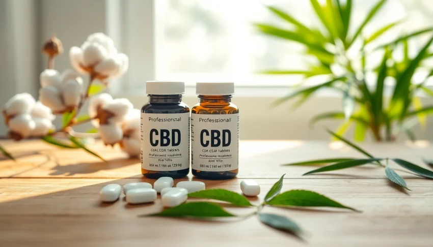 Showcasing cbd tablets on a wooden table with natural elements, emphasizing quality and health.