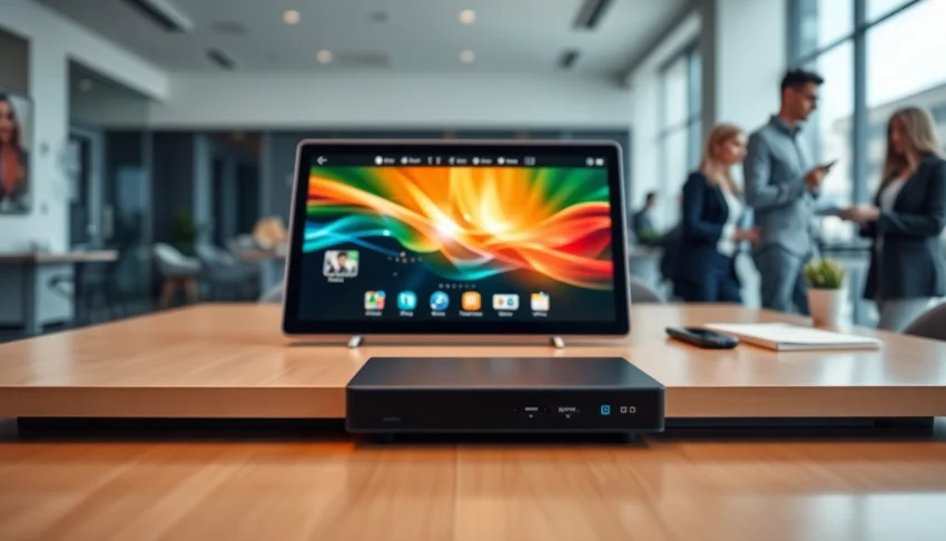 Showcase of an Android digital signage player displaying vibrant multimedia content in a modern office.