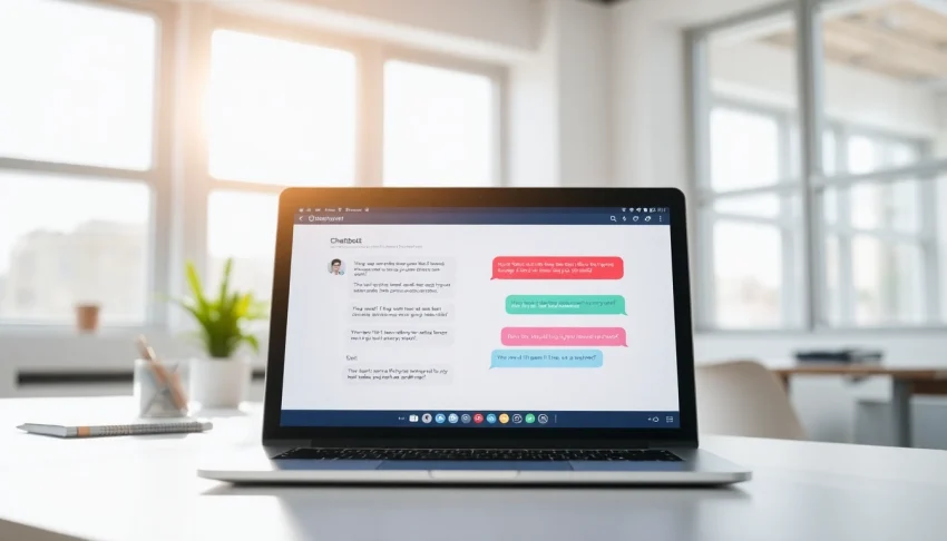 Engaging chatgpt chatbot conversation on a laptop screen in a bright office.