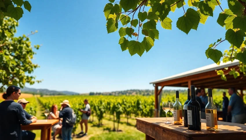 Visitors enjoying wine tasting at a beautiful winery sacramento surrounded by lush vineyards.