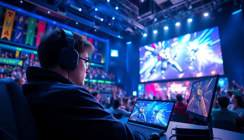 메이저사이트에서 competitive gamer in an energetic esports arena surrounded by fans