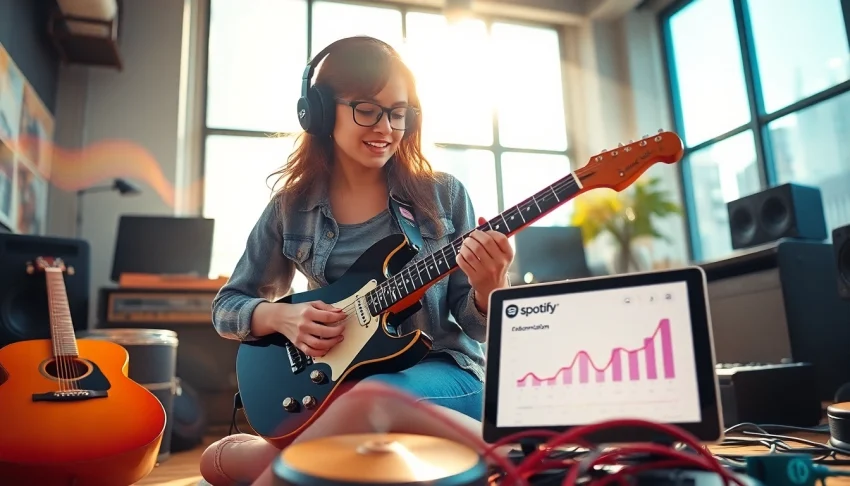Engaging scene of a musician creating engaging content for spotify promotion in a vibrant studio.