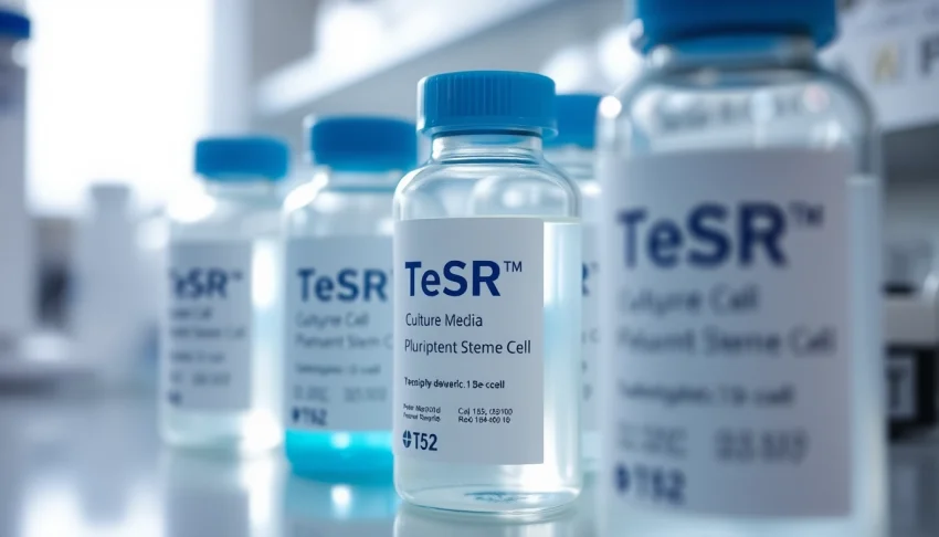 All check TeSR™ Pluripotent Stem Cell culture media displayed prominently in a lab setting, emphasizing quality and reliability.
