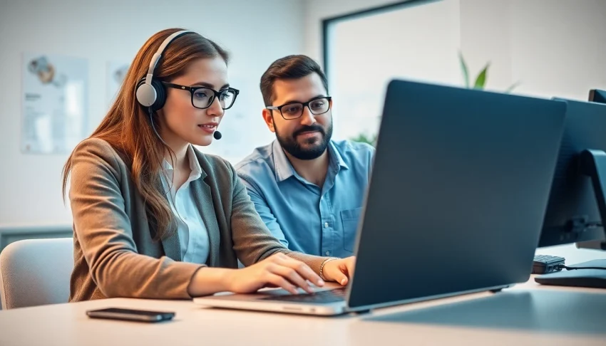 Receive professional computer support from an expert assisting a client with a laptop.