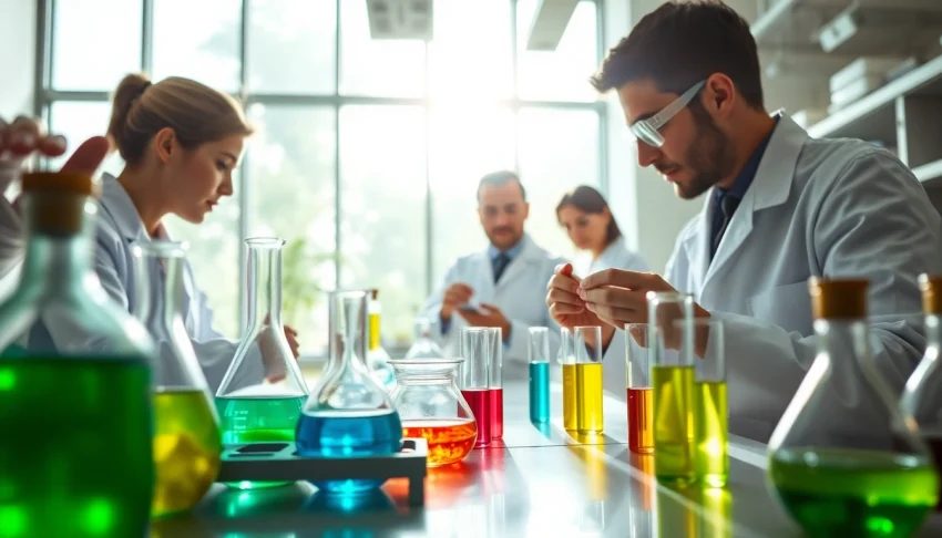 Researching synthetic cannabinoids in a professional laboratory with vibrant liquids and scientists.