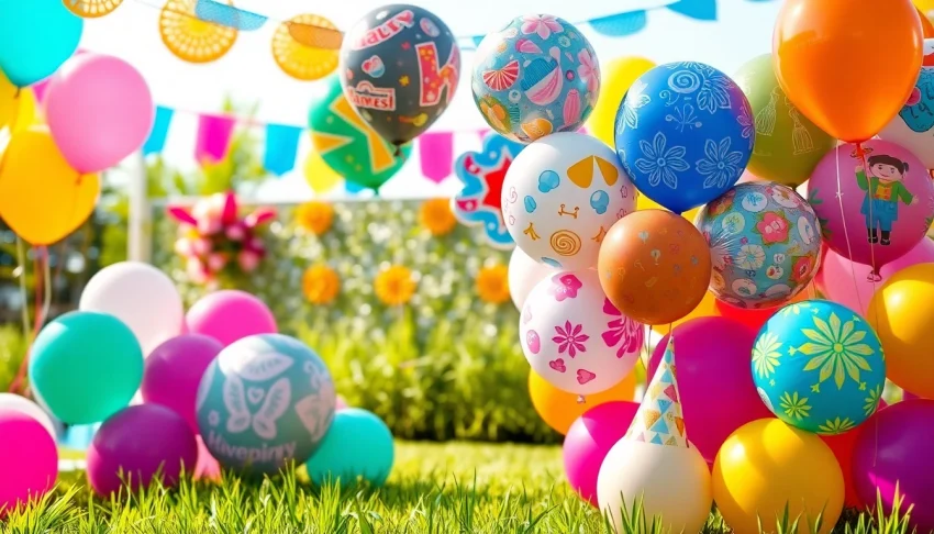 Design vibrant Print balloons for a festive outdoor event setting with colorful decorations.