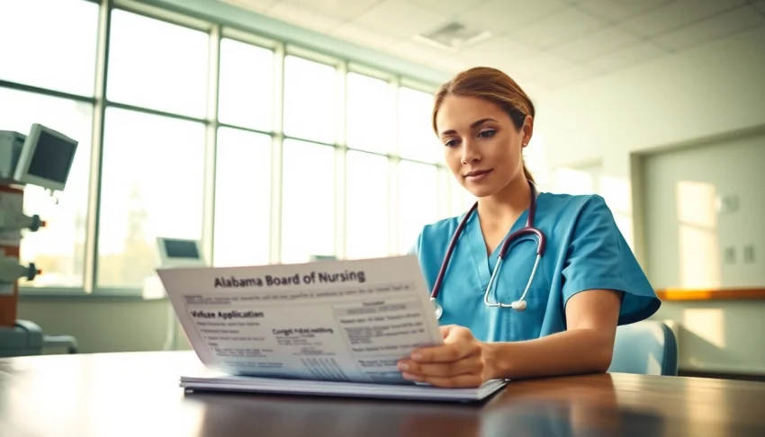 Reviewing Alabama Board of Nursing licensure application in a professional healthcare setting.