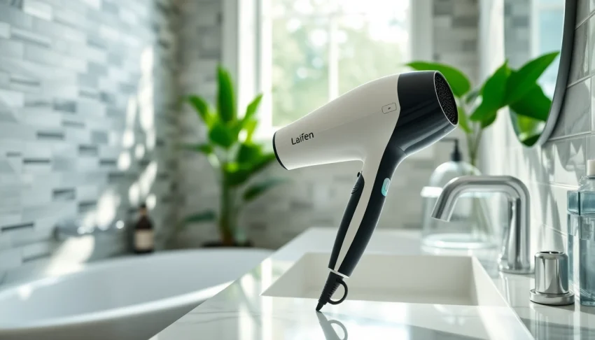 Stylish Laifen hair dryer Canada positioned elegantly in a modern bathroom setting with natural lighting.