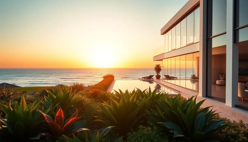 Showcase of luxury international real estate mansion with stunning architecture and ocean view.
