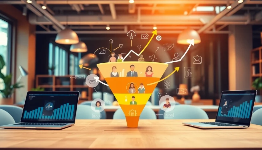 Showcase funnels for ecommerce illustrated with a digital workspace backdrop emphasizing conversion.