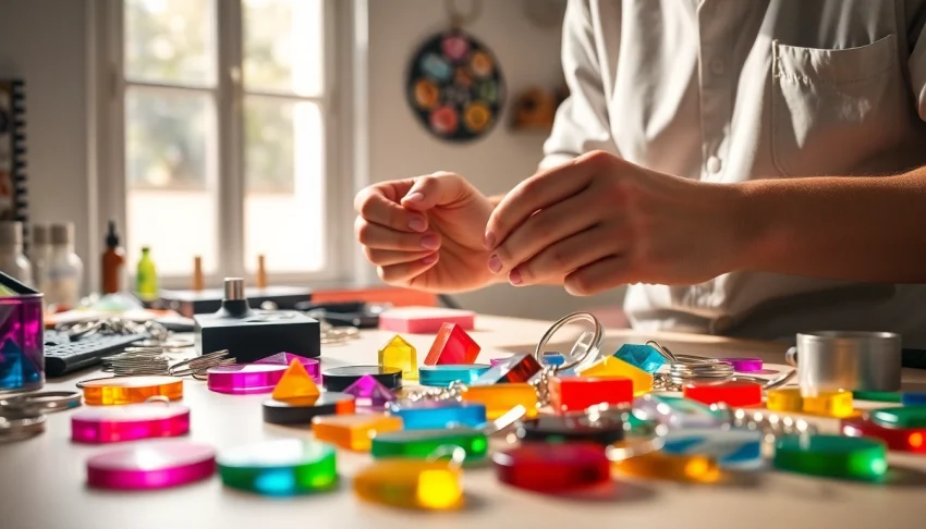 Custom acrylic keychain maker crafting vibrant designs in a bright studio