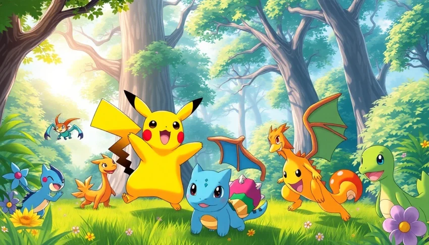 Pikachu and friends, showcasing Pokémon diversity in a vibrant forest setting