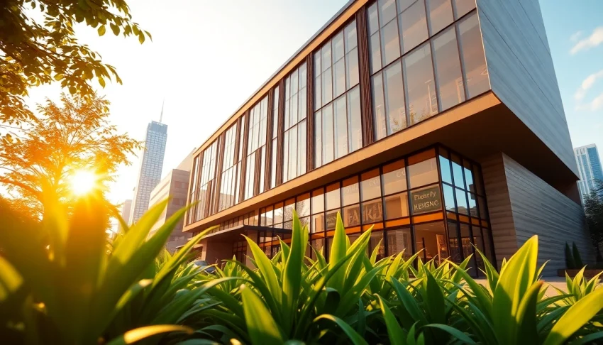 Architekturvisualisierung eines modernen Gebäudes in einem urbanen Umfeld mit lebendiger Vegetation.