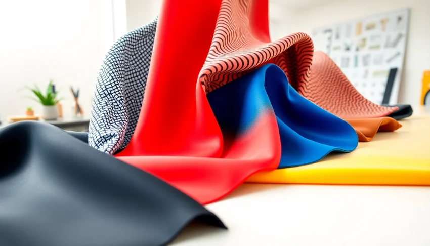 Neopreno en exhibición con texturas y colores vibrantes en un entorno profesional.