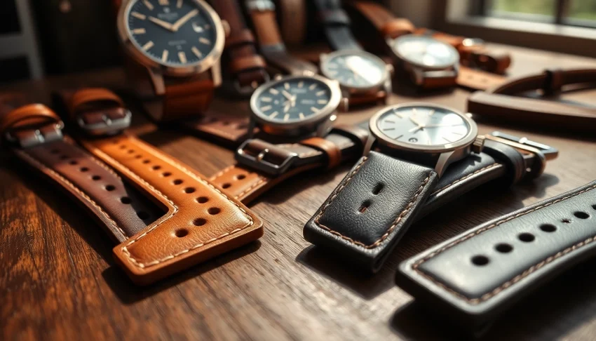 Display of handcrafted leather watch straps showcasing exquisite design and quality stitching.