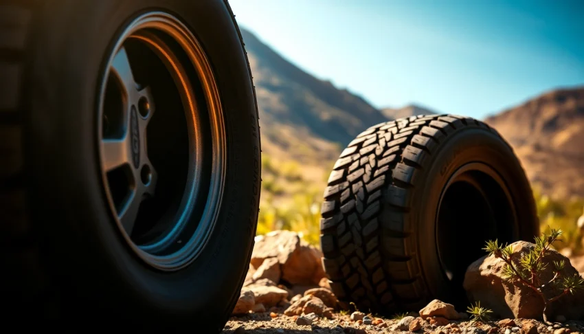 Showcasing General tires with rugged textures in an adventurous outdoor setting.
