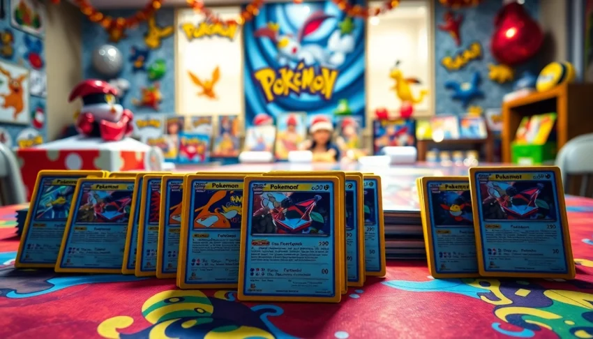 A vibrant display of real pokemon cards on a game table showcasing rare and holographic editions.