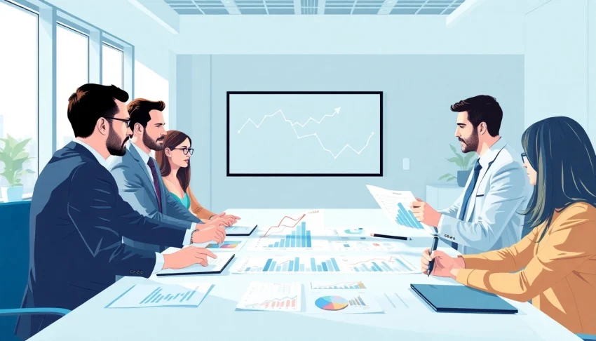 Analyze revenue trends at Revenue Rocket Lab with a collaborative business team in a modern office.