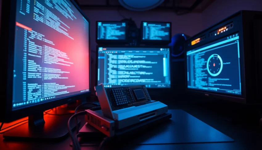 Install DMA firmware on a high-tech setup showcasing a DMA card and multiple screens.