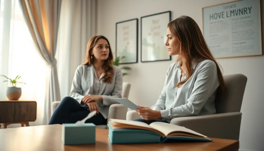 Navigate the emotions of a relationship breakup with a supportive therapist in a serene setting.