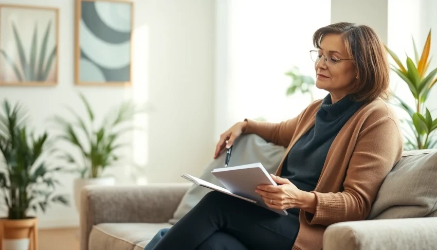Supportive scene depicting a therapist assisting a client dealing with grief in a calm office.