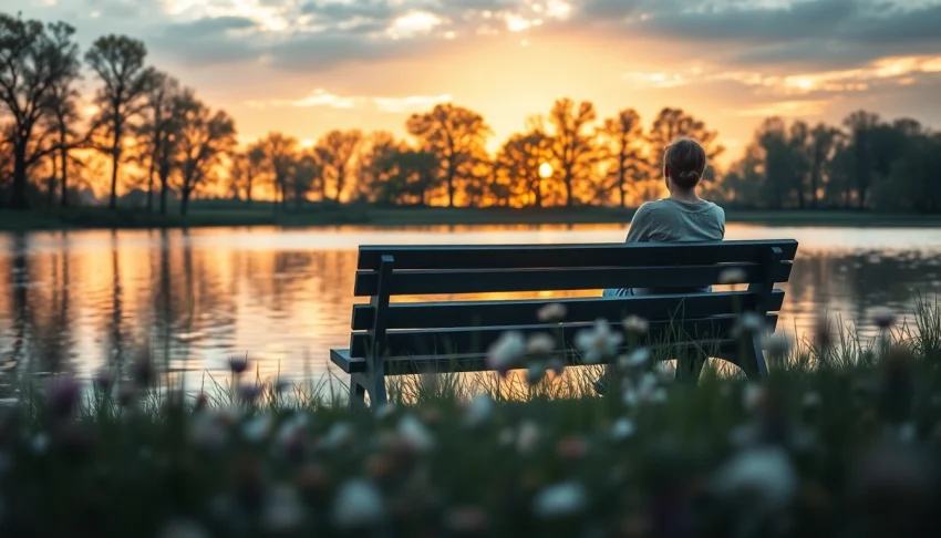 Person contemplating at a lakeside while dealing with grief, surrounded by wildflowers and sunset.