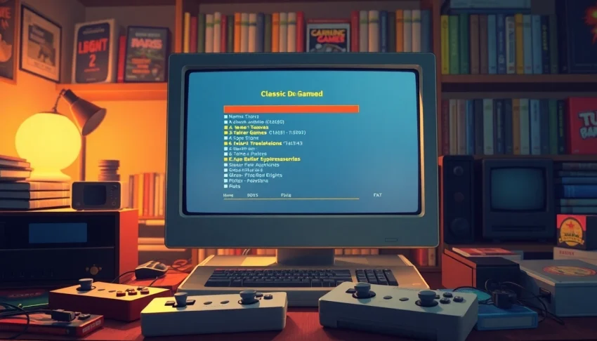 Engaging visual showcasing dos games download on a vintage computer with nostalgic gaming elements.