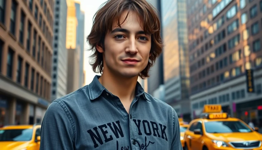 Model showcasing a stylish john lennon new york shirt against a vibrant NYC background.