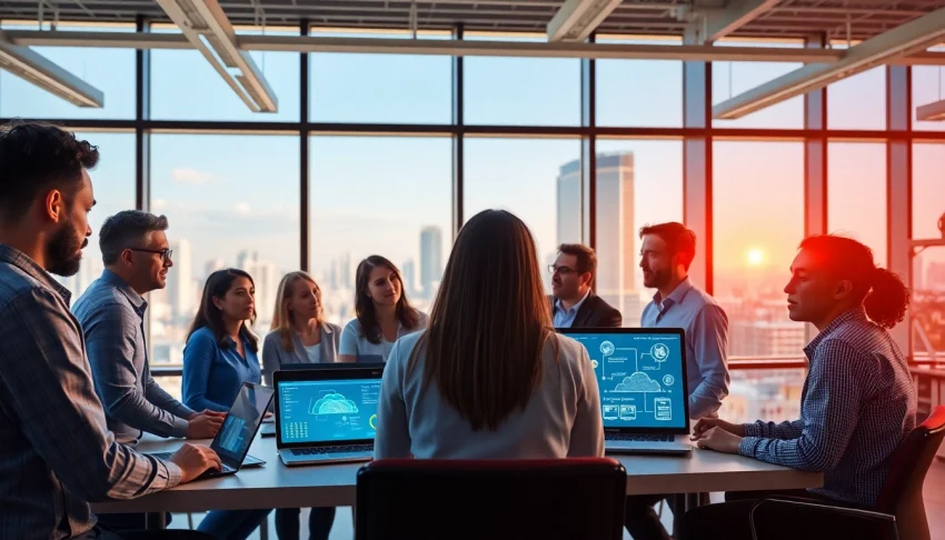 Team working on Cloud infrastructure and DevOps services in a collaborative office space.