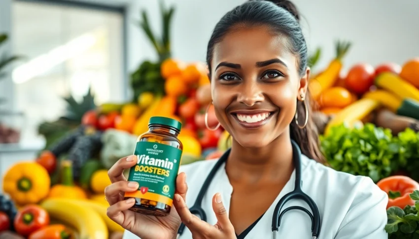 Nutritionist showcasing Vitamin Boosters in a bright clinic, reinforcing health and wellness.