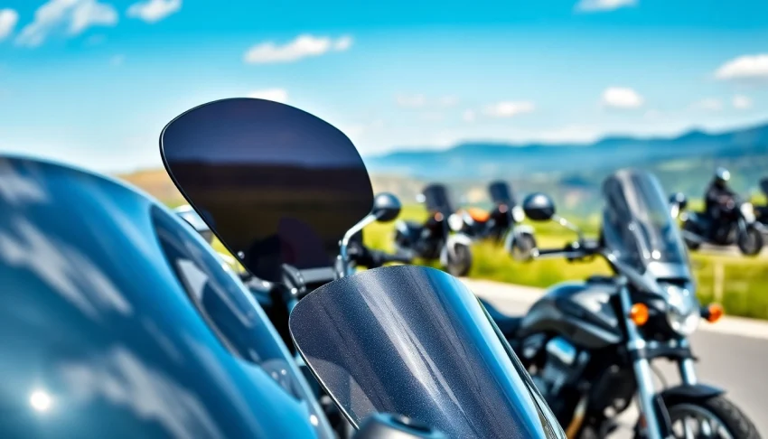 Showcase of motorcycle windscreens highlighting diverse designs and styles for riders.