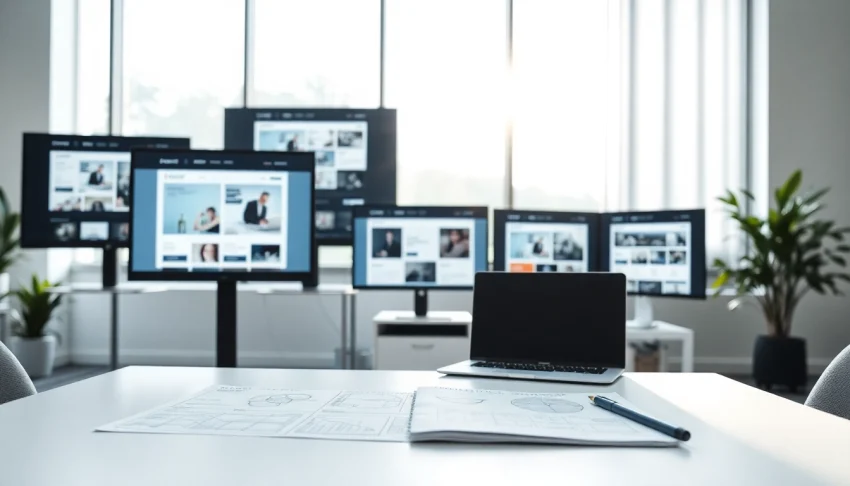 Creating a stunning website design in a modern office environment with diversified layouts displayed.
