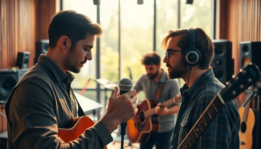 Showcasing music promotion services with musicians in a vibrant studio.