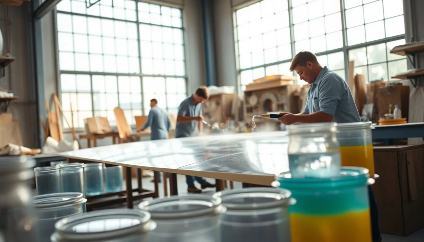 Applying laminating resin on fiberglass sheets in a bright workshop environment.