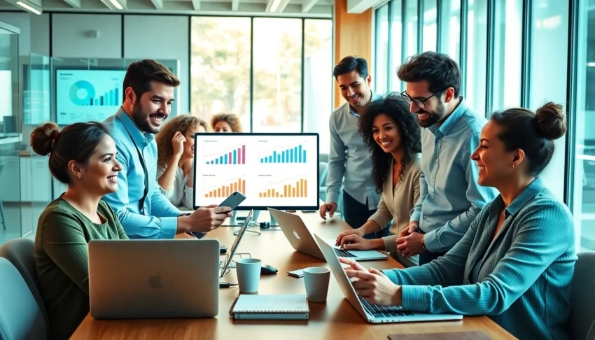 Beheer jouw social media management uitbesteden met een professioneel team dat samenwerkt in een vergaderzaal.