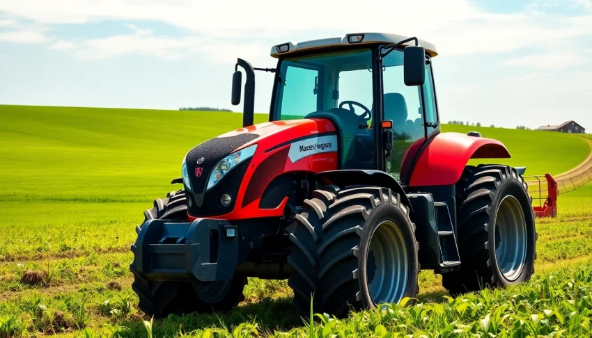 Massey Ferguson Traktor auf einem Feld, das seine Robustheit und Effizienz demonstriert.