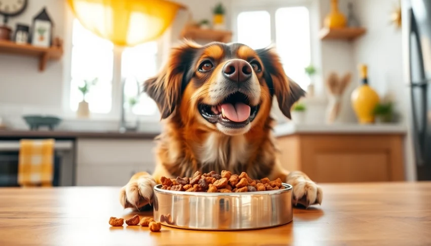Dog happily eating dr marty pet food canada in a cozy kitchen setting.
