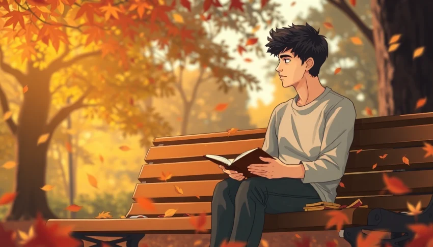Heartbroken person reflecting on a relationship breakup in a serene park setting.