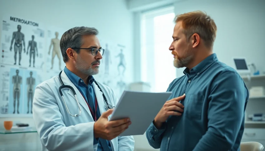 Engaging discussion on Testosterone Replacement Therapy between a physician and patient showcasing a professional medical environment.